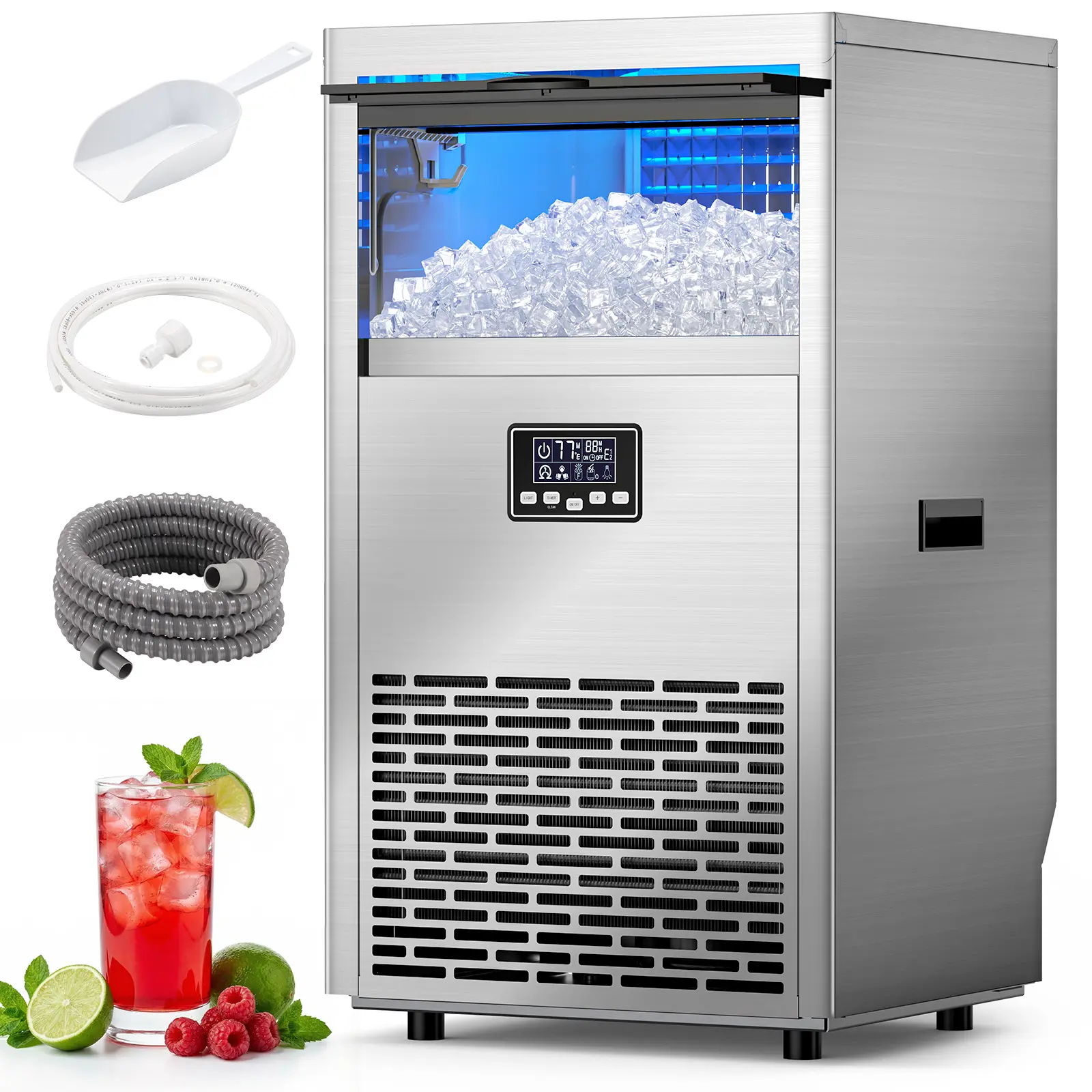 COWSAR Commercial Ice Maker Upgrade Ice Machine, 100 Lbs, Tap Water Only, Large Ice Maker Self Cleaning, Ice Machine with 24 Hour Timer,33 lbs Basket, Stainless Steel Ice Makers for School, Home, Bar, RV