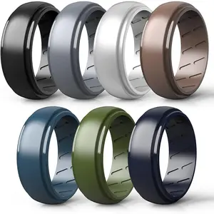Silicone Ring Men,Rings Set Rubber Wedding Bands for Men Step Edge Airflow Inner Grooves, 8mm Wide,2.2mm Thick
