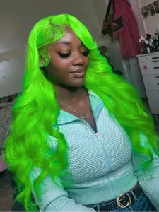 Neon Green Body Wave Wigs 13x4 Lace Front Wigs Pre-Plucked Hairline Synthetic Wig Concert Look Body Wave Wig Coachella Festival Look Lace Front Wigs for Women Party Cosplay Stage 28 Inch