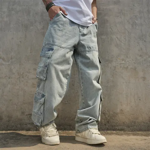 Streetwear Stylish Loose Multiple pockets Men Carpenter Pants Cargo Jeans Male Solid color Straight Denim Trousers