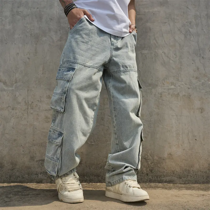 Streetwear Stylish Loose Multiple pockets Men Carpenter Pants Cargo Jeans Male Solid color Straight Denim Trousers