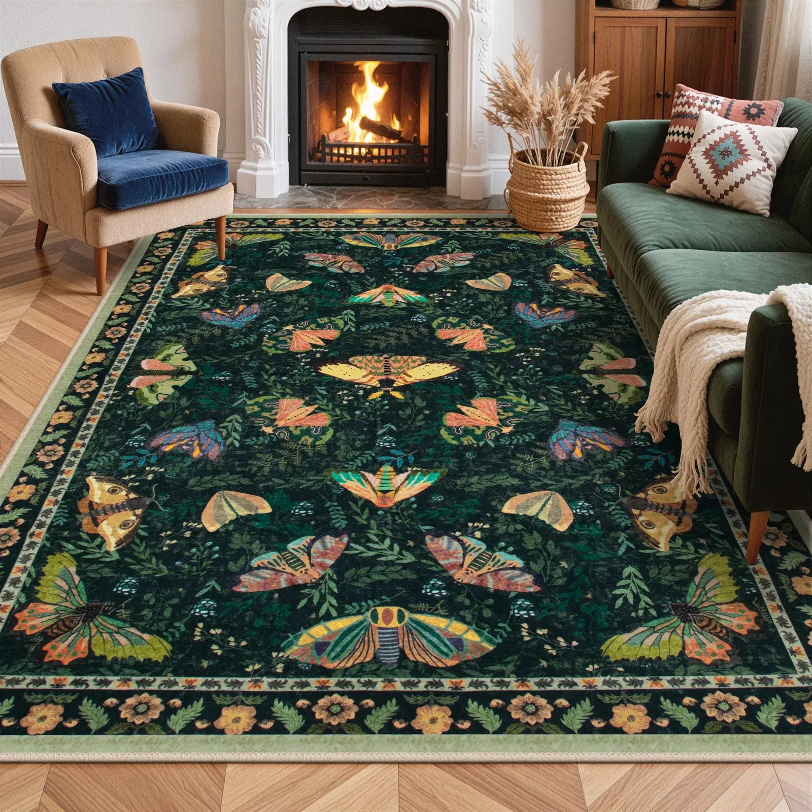 Vintage Colorful Butterfly Floral Living Room Carpet, Non-Slip Soft Washable Rug, Luxury Bedroom Mat, Sofa Coffee Table Rug, Butterfly Area Rug, Boho Style Rug, Machine Washable Rug, Decorative Rug, Butterfly Print Rug, Floral Pattern Rug