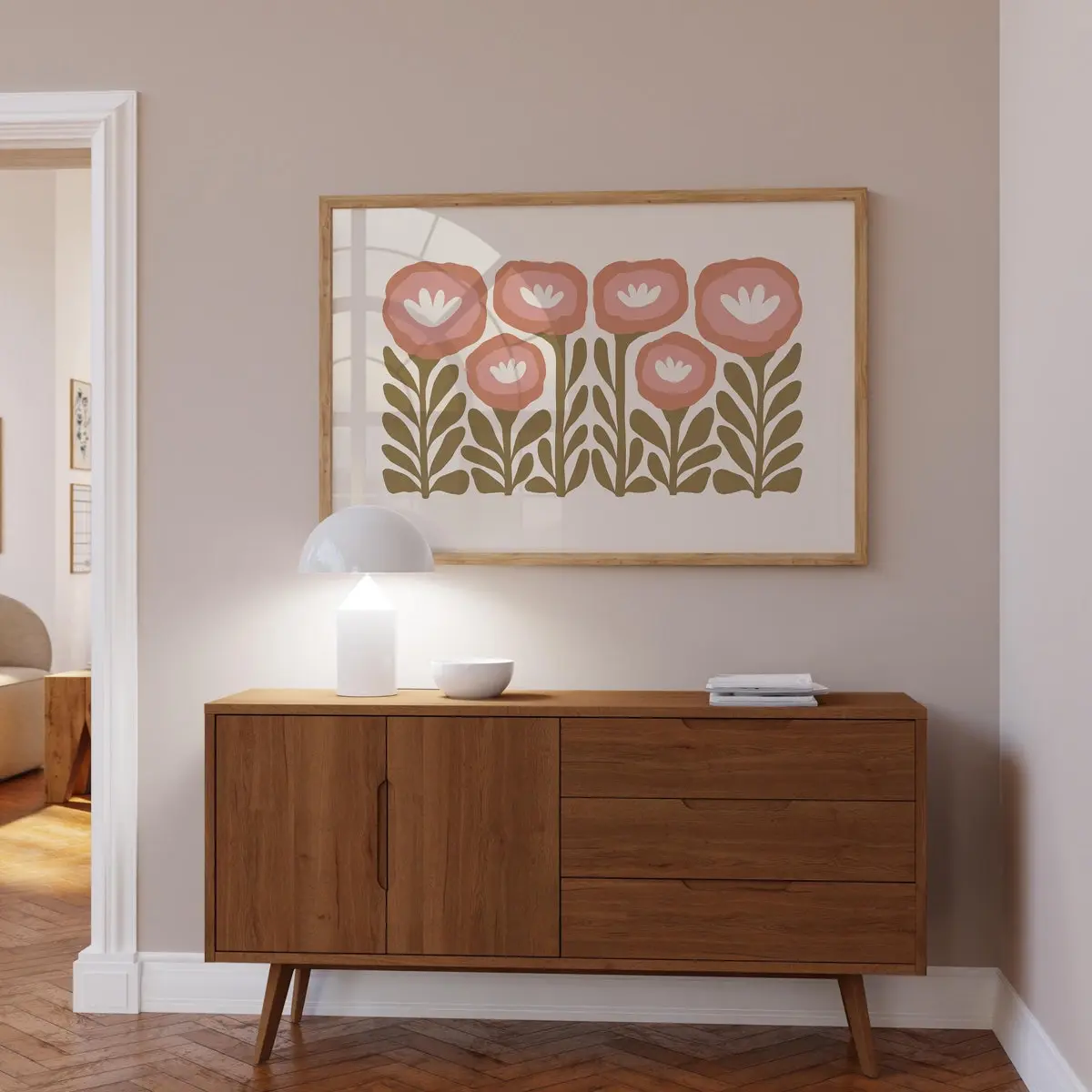 Pink Poppies Wall Art - Retro Floral Horizontal Print, Poster Unframed - 5 size, 8x12 to 27x40
