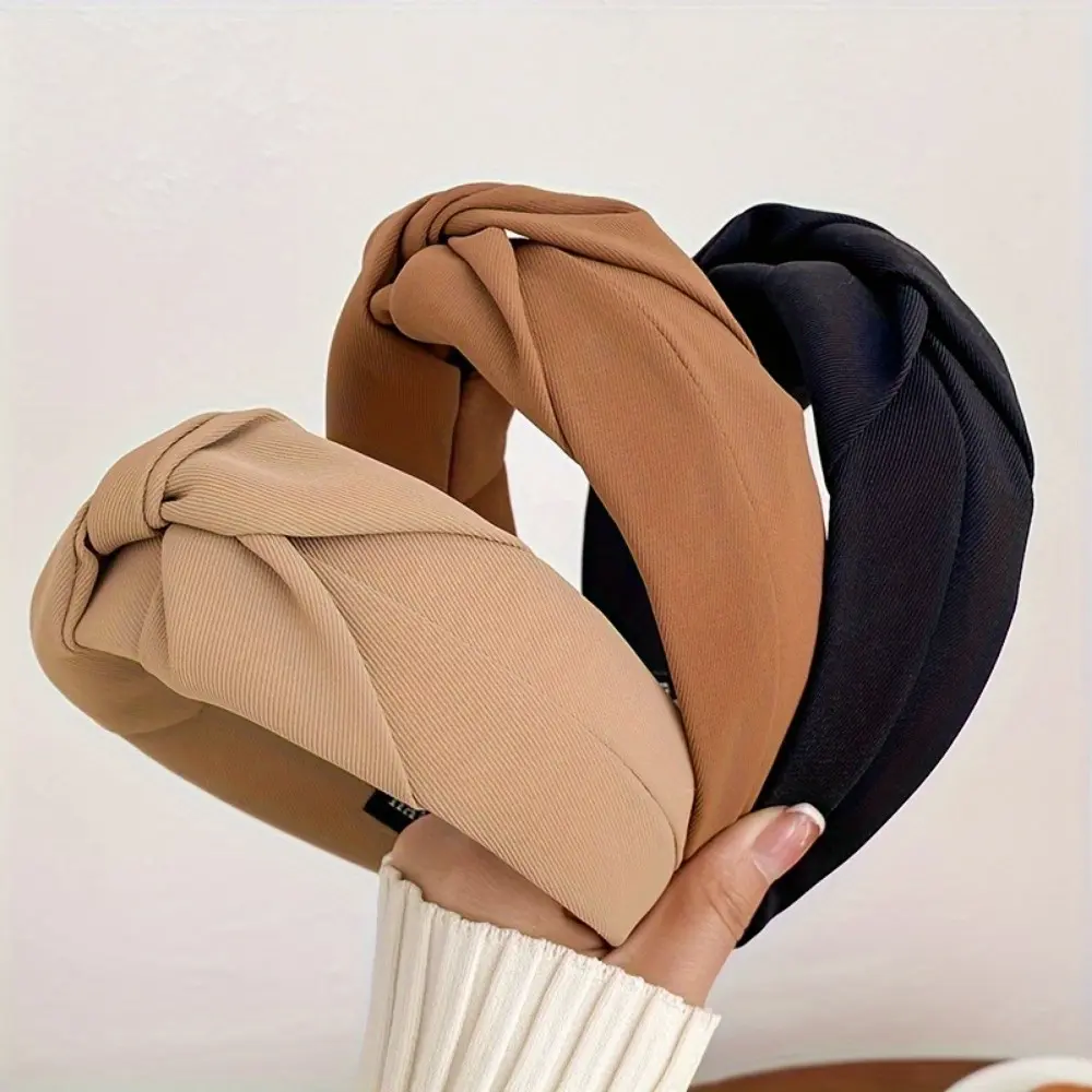 Set of 3 Retro Solid Color Fabric Knotted Headband with Versatile Temperament,Non-Slip Wide Top Knot Hair Hoops,Fashion Hairbands Hair Accessories Set