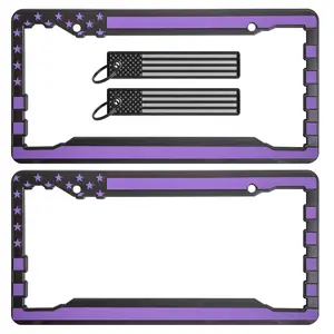 American Flag License Plate Frame Set with Key Tag- Black with 3D Purple Stars and Stripes - Made in the USA