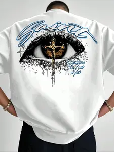 Unisex Y2K Style Menswear Saint letter and deep eye Graphic pattern Print Short Sleeve Fitted Round Neck T-Shirt, Deep Color Series, Streetwear, Casual Fashion, Suitable for streetwear, Y2K style, subculture fashion,  trendy outfits.