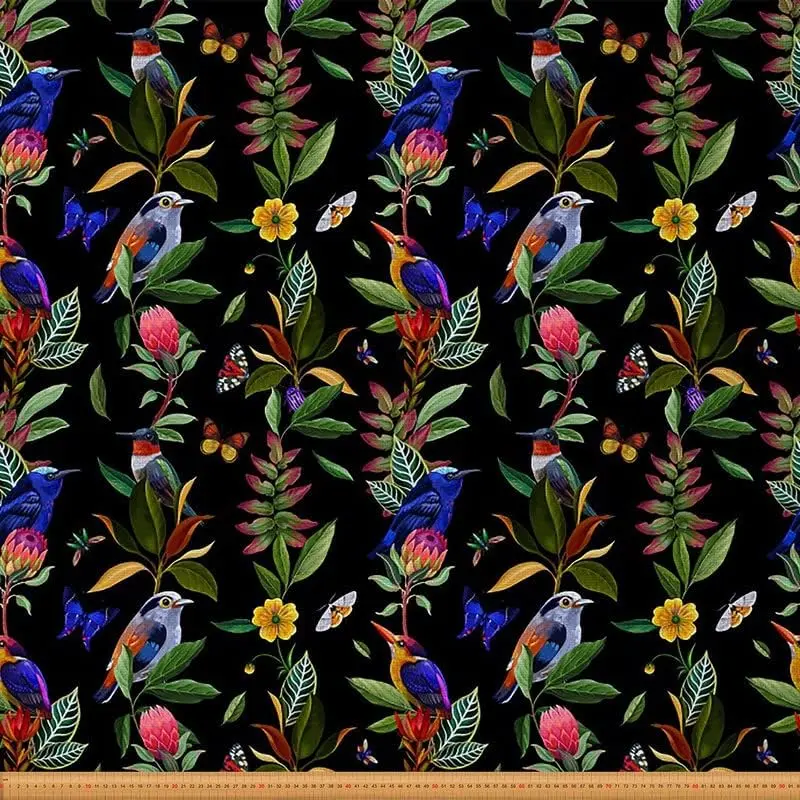 Birds Upholstery Fabric by The Yard,1 Yard,Cute Birds Leaf Branches Reupholstery Fabric,Black Nature Botanical Animal Floral Waterproof Fabric, Cute Bird Pattern, Waterproof Material