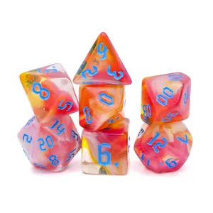 Sunset Carnival Acrylic DnD Dice Set: 7 Piece RPG Dice in Pink Red White Yellow Hues Handcrafted for Dungeons and Dragons Sessions