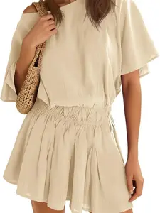 EASORA Women's Off The Shoulder Summer Dresses Short Batwing Sleeve Cinched Waist Mini Dress Casual Ruffle A-Line Short Dress Clothes Womenswear