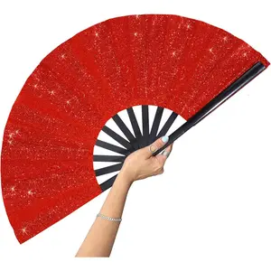Large Folding Fan-Hand Fan Popping Fan for Line Dancing Clacking Fans for Boots  The Ground Dance, Party,Outdoor,Decoration (Red Glitter)