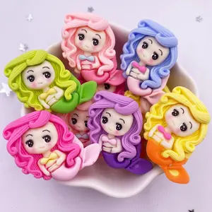 6PCS Mixed Painted Resin Kawaii Colorful Mermaid Princess Girl Flat back Stone Figurines Scrapbook DIY Bow Decor Crafts Accessories