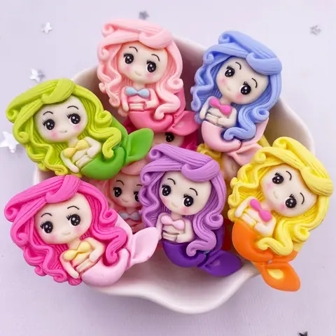 6PCS Mixed Painted Resin Kawaii Colorful Mermaid Princess Girl Flat back Stone Figurines Cute Scrapbooking Scrapbook Materials DIY Bow Decor Crafts Accessories