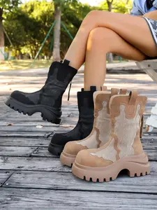 Women's New Fall Winter Thick Sole Chunky Platform Mid-Calf PU Boots, Fashion Casual Versatile Style, High Heel Ankle Booties