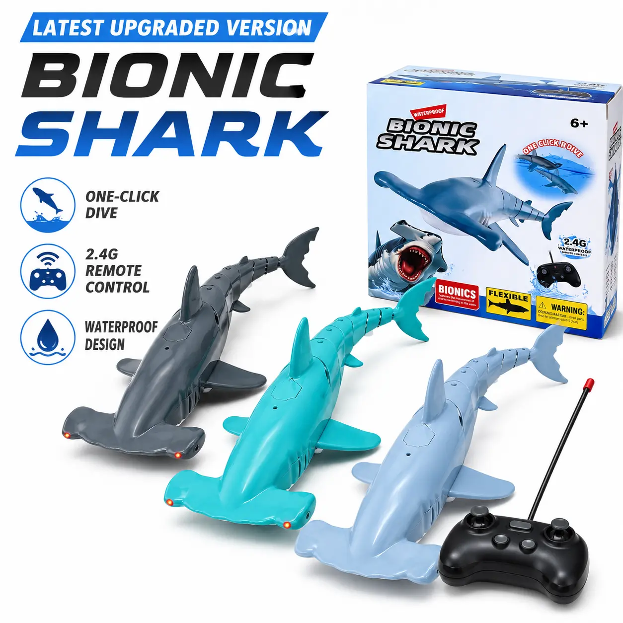 Remote Control Diving Shark Pool Toy for Kids, Rechargeable RC Hammerhead Shark with LED Eyes for Pool, Bath & Summer Water Play men gift