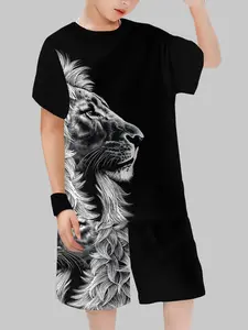 Boys' Lion Print Short Sleeve Two-Piece Set, Casual Fitted Crop Top, Wild Style, Summer, Kids Fashion