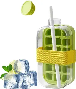 Travel, Gym & Home Essential – 2-in-1 Ice Cube Bottle with Straw, Easy Press Ice Tray, Leak Proof Lid, Vertical Ice Maker for Freezer (Green, 800ml)