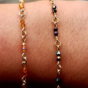 Handmade Peach and Rainbow Wire Wrapped Bracelets - Colorful Beads on Gold-Colored Chain