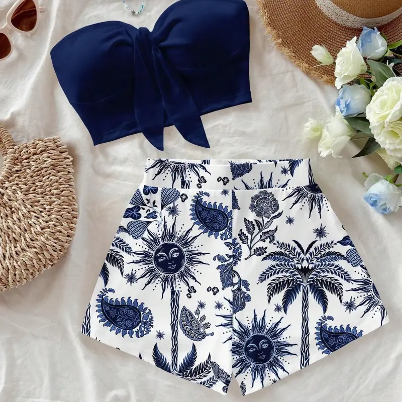 Women's Island Vacation Bohemian Plant, Palm Tree, Sun God and Floral Printed Slim Fit Crop Top and Short Two-Piece Matching Set, Fashion Style Sets, Beach Set Print, Perfect for Summer Getaways and Stylish Spring Looks Shorts Set Outfit