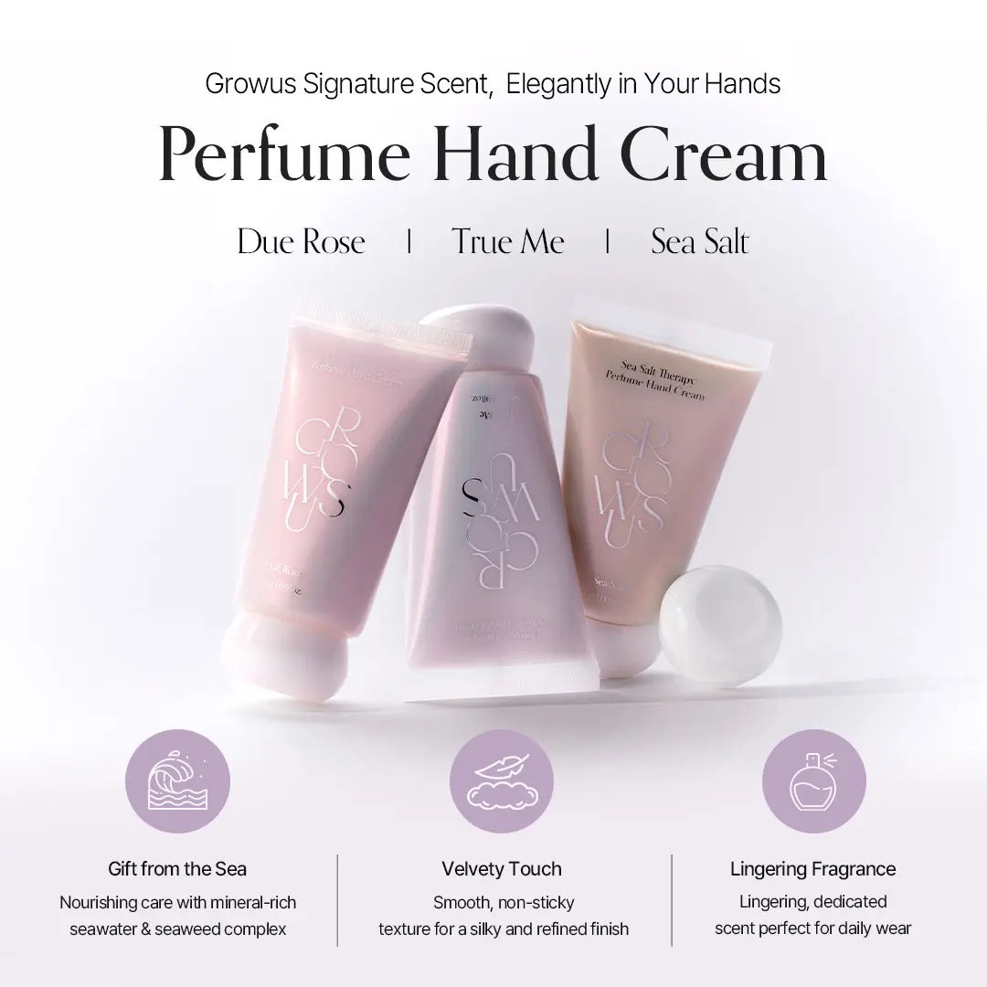 Growus Perfume Hand Cream, Nourishing and Non-Sticky Moisturizer for Dry Hands with Shea Butter, Long-Lasting Scent (Due Rose, True Me, Sea Salt), 50ml / 1.69 fl oz, Scented, Aroma, Hydrate, Moisture, Self Care Products