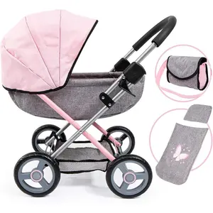 Baby Doll Stroller Toy Set with Accessories - Pink/Grey Pretend Play Carriage for Toddlers & Kids up to 18 Inch Dolls