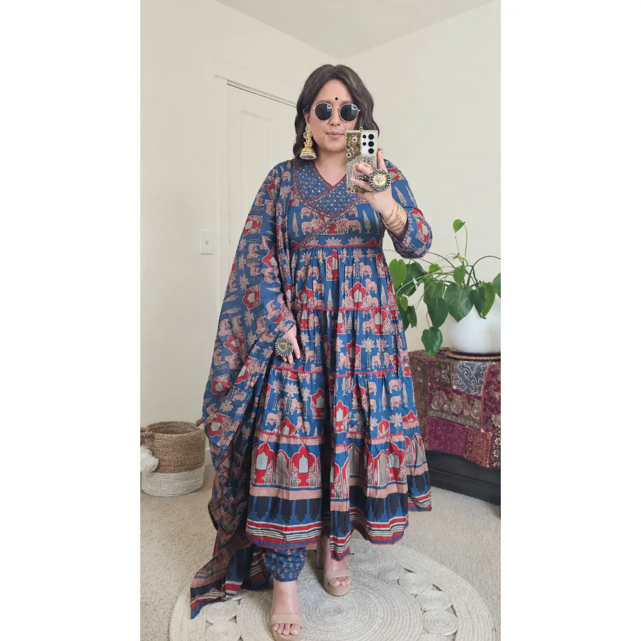 Women's Anarkali Kurta Set, Traditional Soft Cotton Partywear with Kalamkari Print, Long Sleeves, Lace Detail, Straight Pants & Dupatta