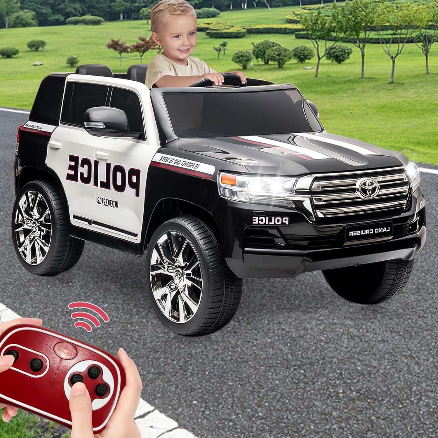 12v Ride on Police Car SUV, Licensed Toyota Land Cruiser Electric Vehicle with Remote Control, Dual Motor 3-Speed Kids Car with LED Lights & Music for