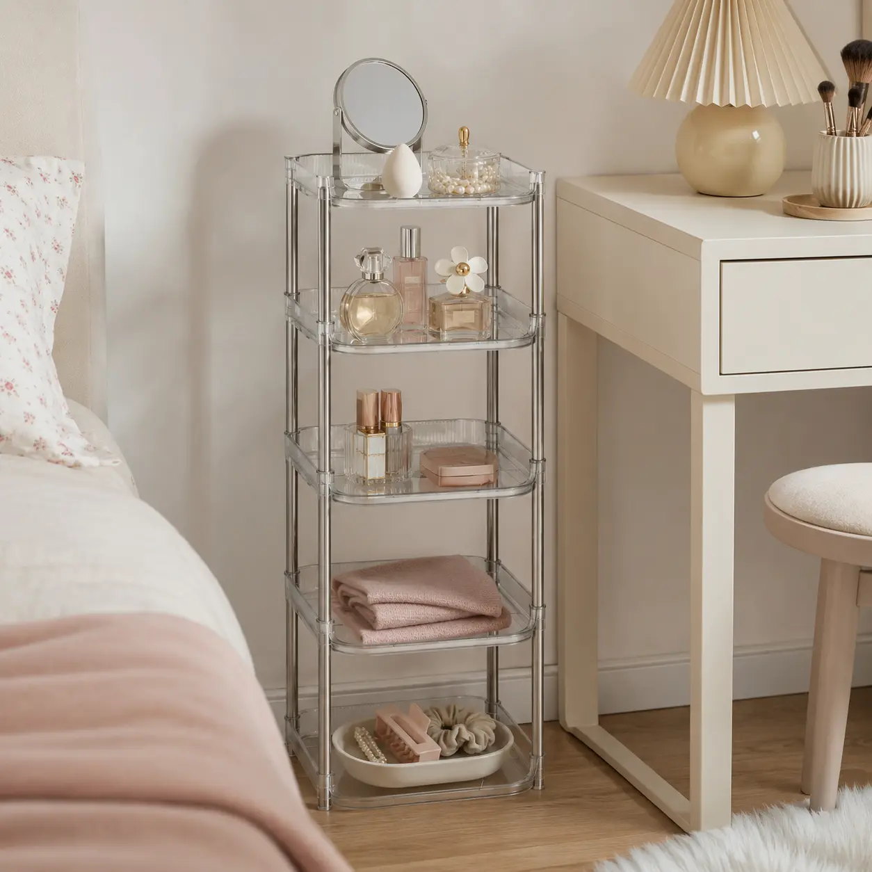 5-Tier Clear Acrylic Storage Shelf Multi-Purpose Organizer Rack Waterproof Display Shelving for Bathroom Bedroom Office