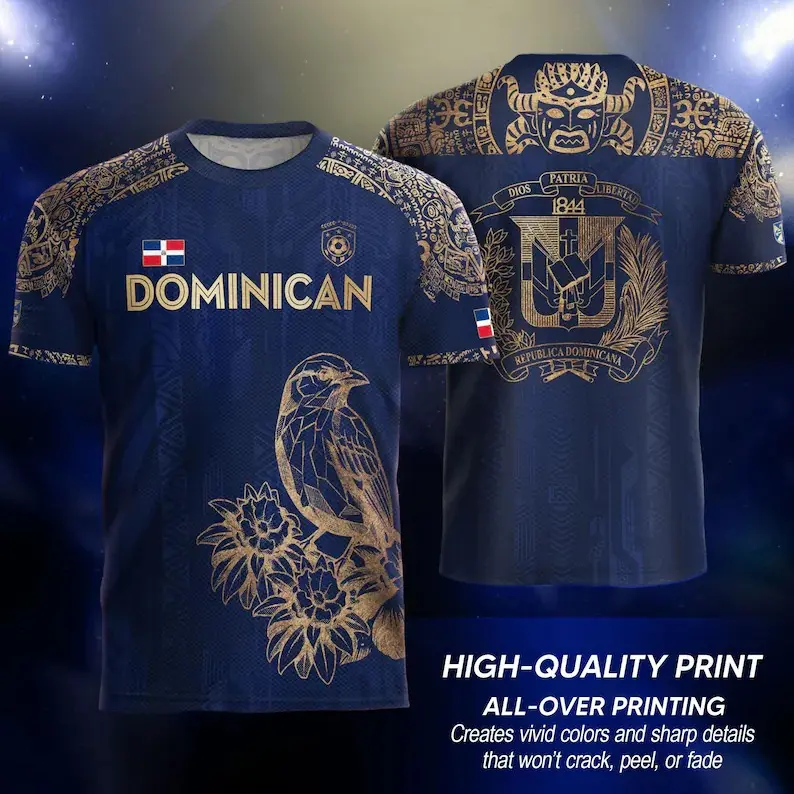 Dominican Republic Soccer Fan Jersey 2026 Unisex Oversized Tee Gold Taino Coat of Arms Print Street Casual Autumn Winter Spring All-Season Home & Away Kit Supporter Gift
