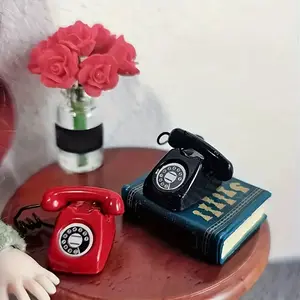 Mini Vintage Rotary Phone Model Set, Alloy Metal Lines, DIY Dollhouse Pocket Scene Decoration Collection Display, Collectible Room Decor