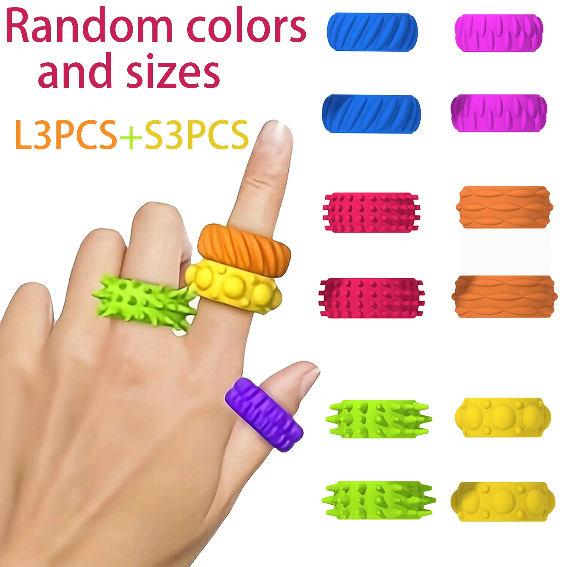 6-Piece Silicone Stress Relief Ring Set, Sensory Grippie Set, Interactive Toy for Anxiety Relief, Anxiety Fidgets, Durable Multi-Color Rings for Kids and Adults
