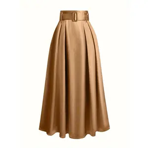 1pc elegant polyester midi skirt for women-solid color, knit fabric, spring/fall fashion, with belt buckle detail-for women-suitable for casual & formal occasions-perfect gift for fashionistas