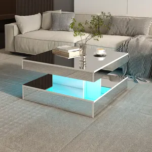 Double sliding white marble coffee table with light mirror square PET extendable storage Adaptable to multiple styles desk hotel  style  desk  office coffee  table coffee  tables