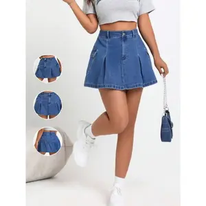 Stylish and cute blue denim pleated mini skirt with a sexy, fashionable design, featuring large pockets and a casual fit—perfect for parties and dates.