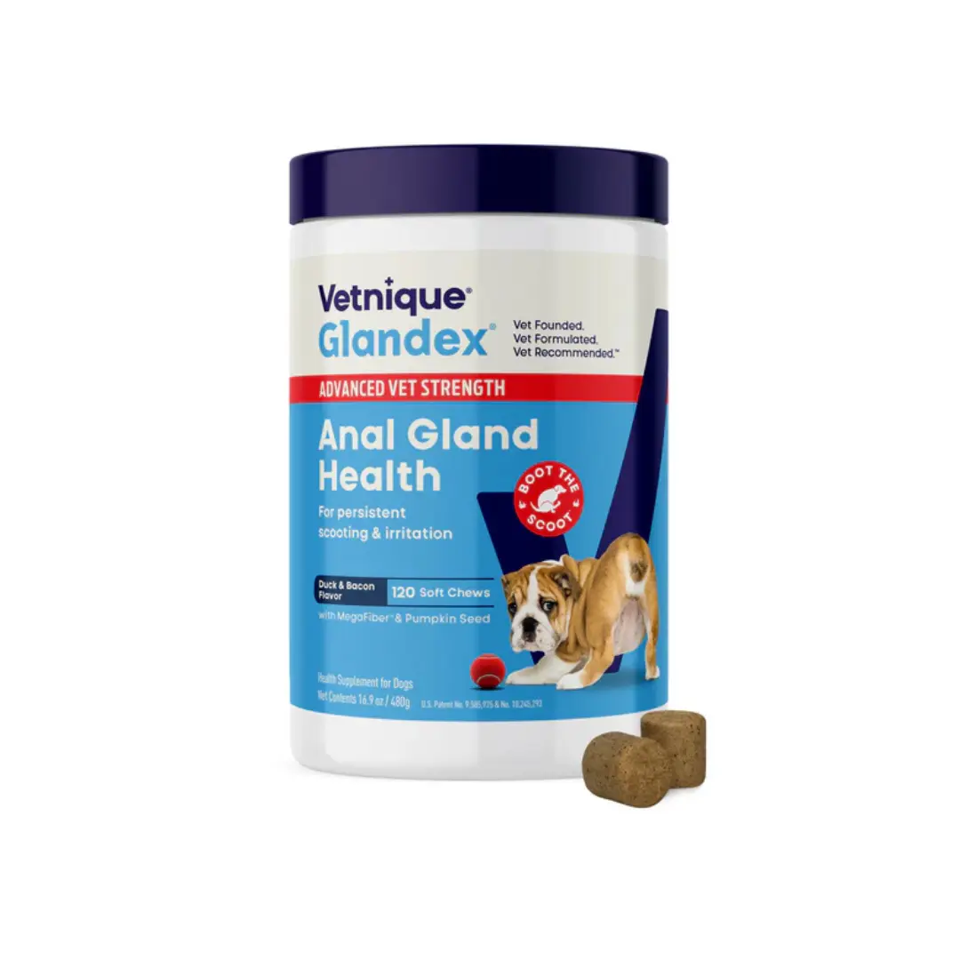 Glandex Extra Strength Vet-Formulated Dog Anal Gland Health Supplements, Duck & Bacon Flavor - Includes Canola Oil, Flaxseed Oil, Potato Starch, Lecithin - Assorted Quantities