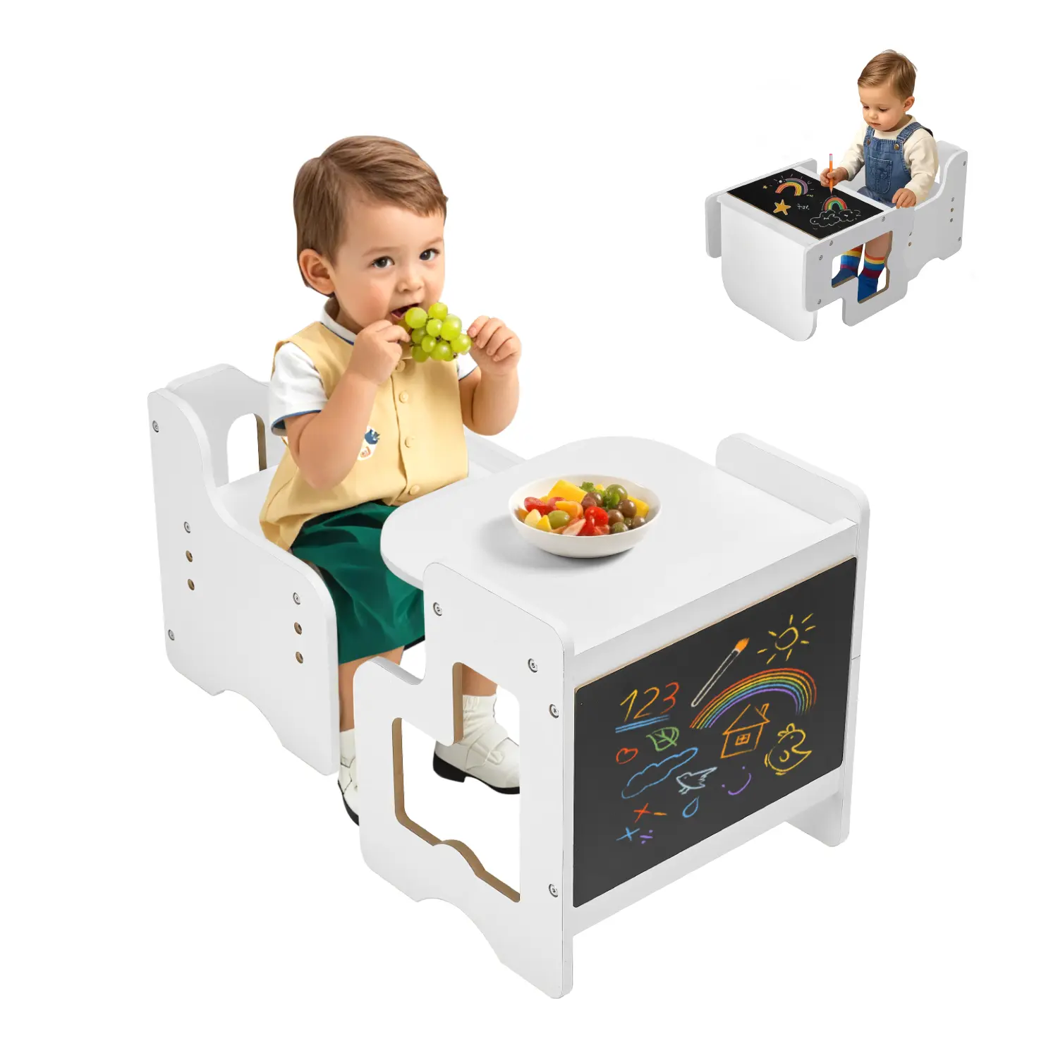 【SummerFinds】VEVOR Montessori Weaning Table and Chair Set, 3 In 1 Wooden Toddler Table and Chairs with Chalkboard, Adjustable Height Montessori Table for Ages 1-5, Ideal for Drawing, Reading, Eating - White