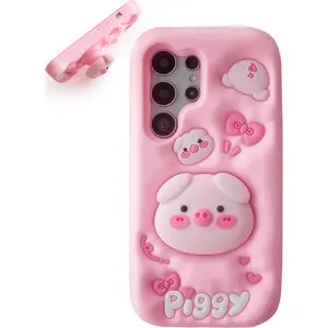 Kawaii 3D Pig Pop-Up Stand and Grip Phone Case for Samsung Galaxy S25 Ultra, Cute Cartoon Animal Phone Cover for Girls, Boys, Kids, Teens, and Womens