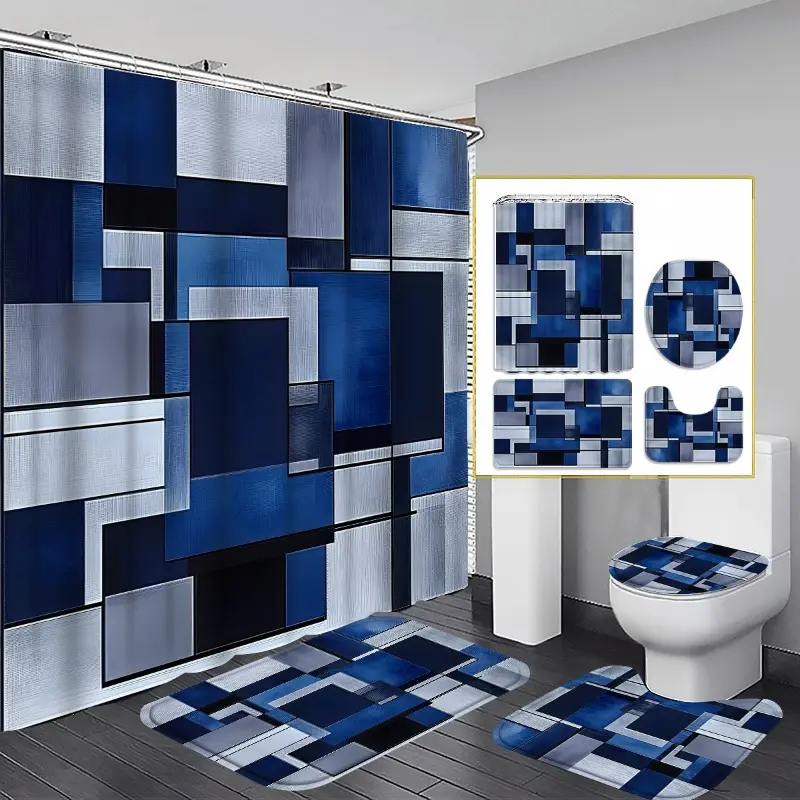 Retro Blue Geometric Flannel-Polyester Waterproof Bathroom Suite - 1/4pcs Bundle, 1pc Print Shower Curtain, Matching Rug, U-Pad, Toilet Lid Cover, 12 Hooks, Easy-Clean Wall-Mounted Decor for Guest Rooms (Fits Standard Toilets), Shower Curtains, Bathrooms