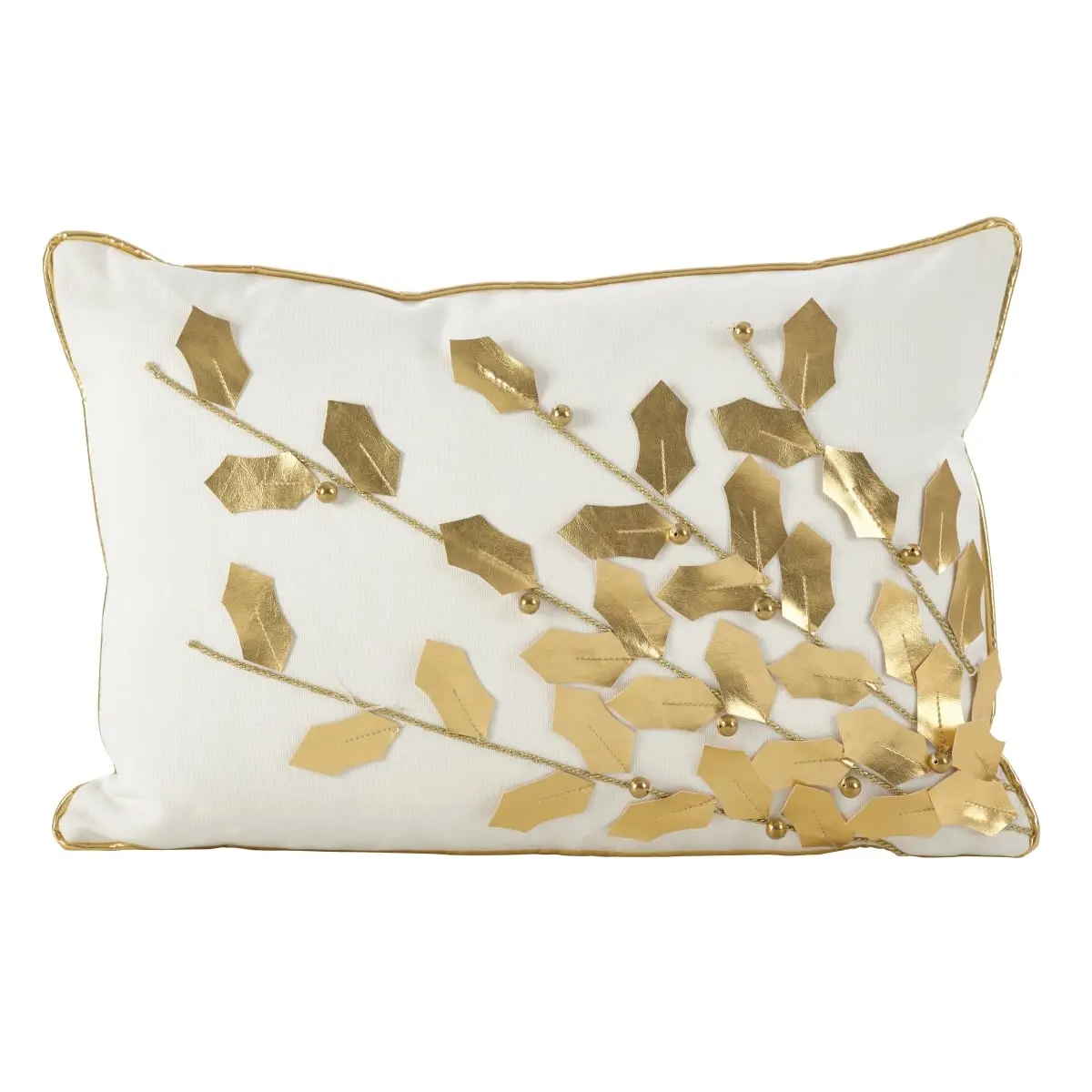 SARO Metallic Poinsettia Branch Design Holiday Cotton Poly Filled Throw Pillow - Gold