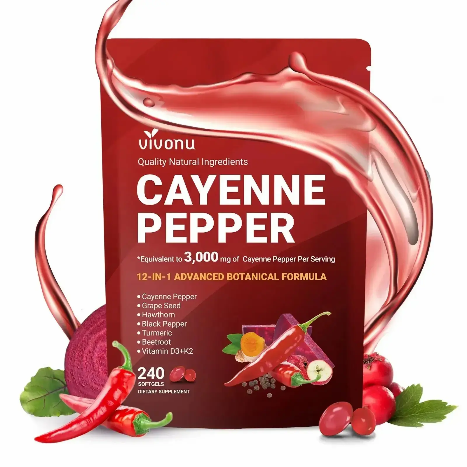 Cayenne Pepper Softgels | with Vitamin E, D3, K2, Grape Seed, Hawthorn & Beetroot Extract | 240 Softgels Per Bag