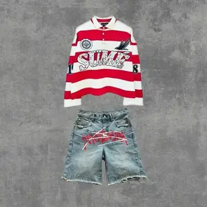 2 Pcs Shirts Co-ords Sume Rugby Embroidery Stripe Polo Shirt Y2K Retro Classic Unisex Long Sleeved Shirts Sets(Rain Shoes & Covers)