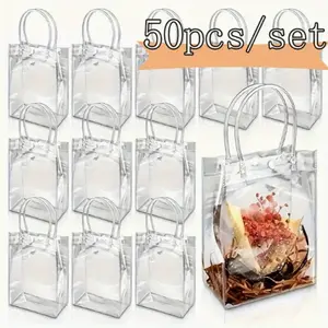 50 Pack Clear Plastic Gift Bags with Handles, Party Favor Bags, Reusable Goodie Tote Bags for Wedding Mother's Day (5.9” X 7.87” X 2.76")