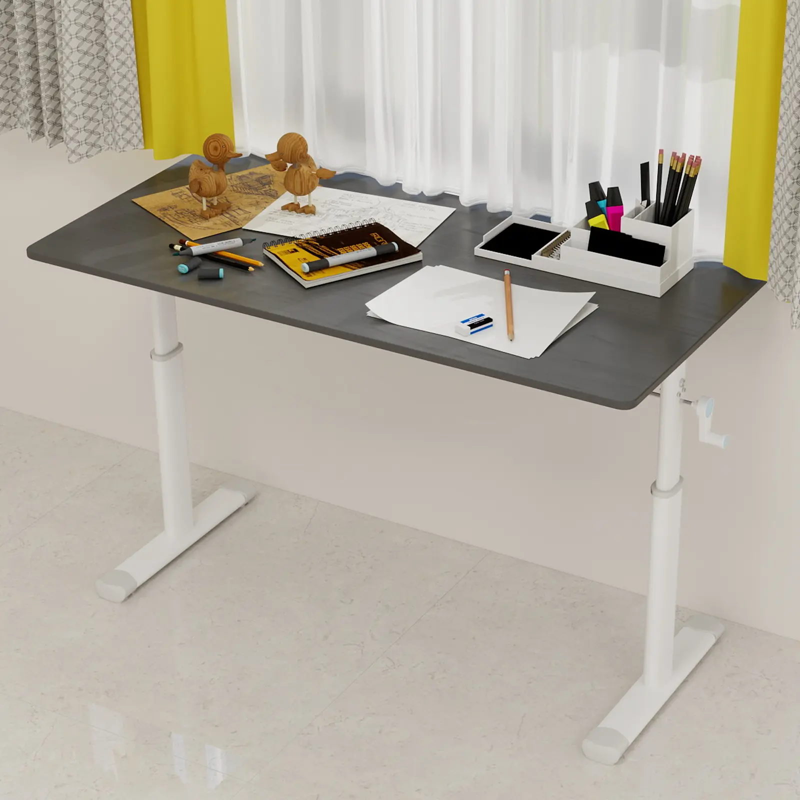 Height Adjustable Study Desk for Kids and Adults, 60cm x 120cm Compact Home Office Desk, Multifunctional Writing Computer Table with White Frame and Gray Tabletop, Space-Saving Workstation for Bedroom Living Room Dorm, Living Room Table for