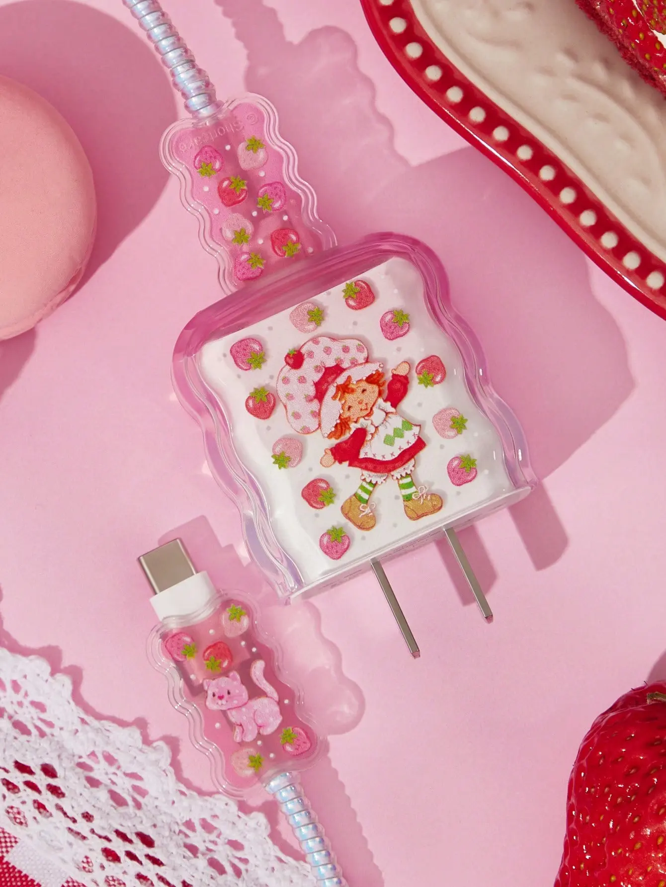 Strawberry Shortcake Gradient Design Strawberry Pattern Lightning Charging Head Protective Cover, Scratch Proof, Guards Phone Audio & Video Accessories Tech Gadgets