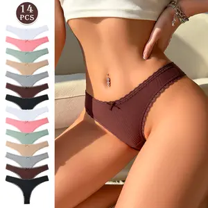 Hotcom Women's Cotton Lace Thong 7/12/14Pcs Seamless High Elasticity Breathable Comfortable Knicker for Daily Wear Summer Outfits All Seasons Basic Style Soft Mixed Color Casual Everyday Panties Minimalist Lingerie