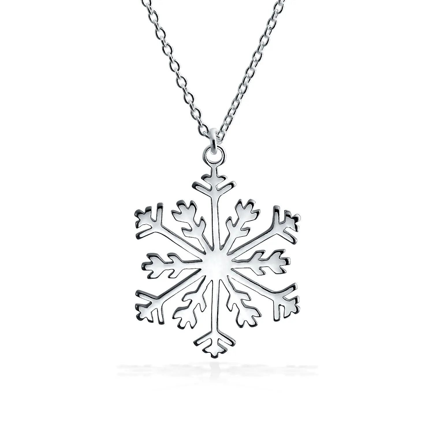 Classic Snowflake Pendant Necklace Polished Sterling Silver for Christmas Party