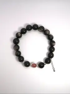 Silver Color Obsidian Beads with Strawberry Quartz, Natural Stone Jewelry Making Supplies, Handmade Craft Materials