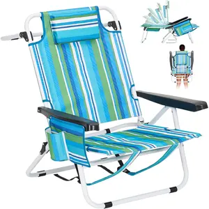 SLSY Portable Folding Beach Chair, 5-Position Adjustable Lay Flat Reclining Beach Lounge Chair, with Cooler Bag , Backpack Straps, Headrest & Pouch,Portable for Beach Poolside, Patio, Lawn, Home