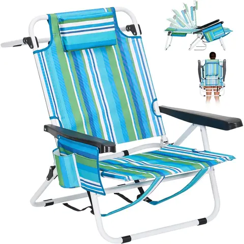 SLSY Portable Folding Beach Chair, 5-Position Adjustable Lay Flat Reclining Beach Lounge Chair, with Cooler Bag , Backpack Straps, Headrest & Pouch,Portable for Beach Poolside, Patio, Lawn, Home