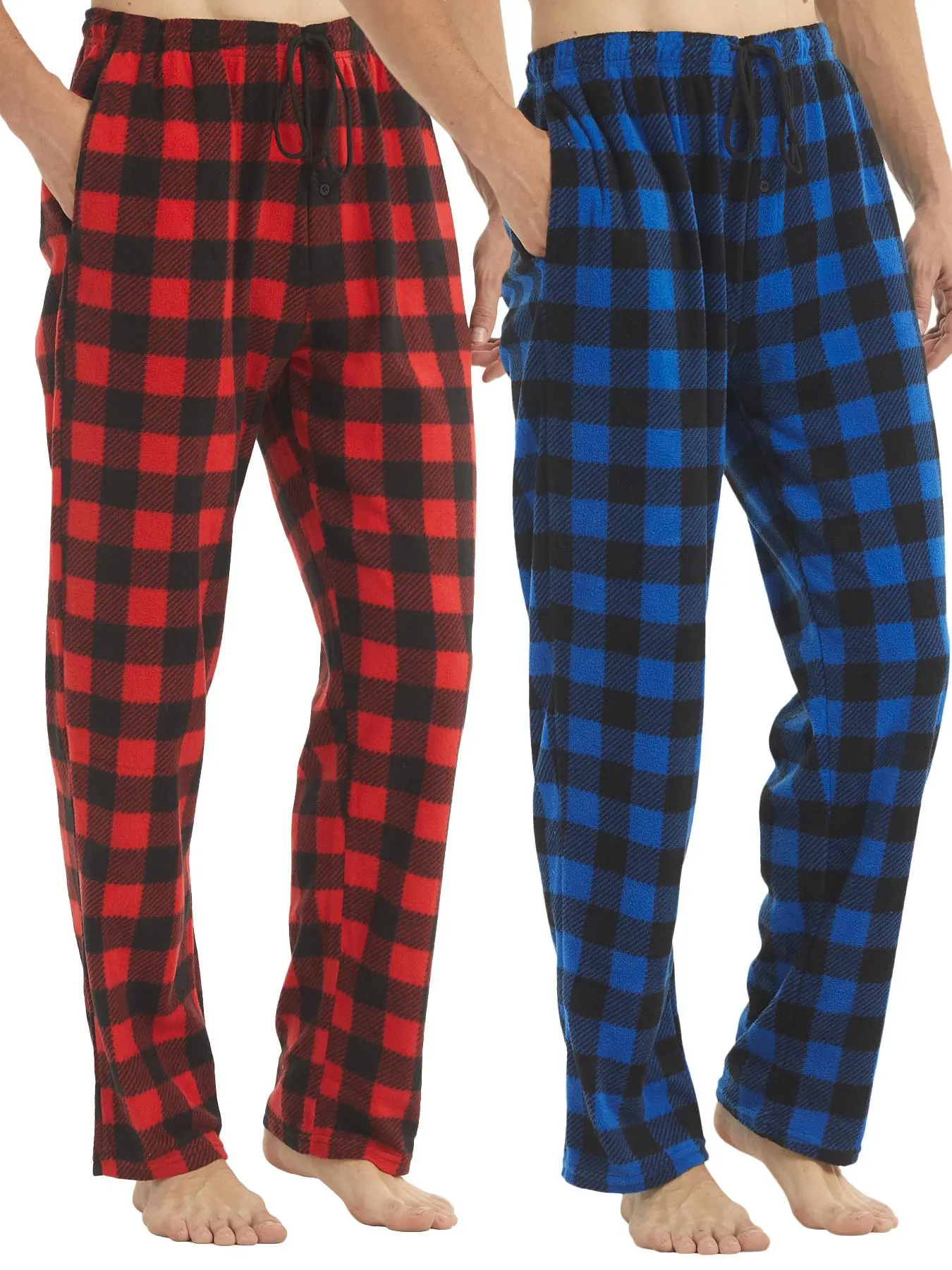 Men's Plaid Print Pocket Drawstring Waist Polar Fleece Lounge Homewear Pajama Pants Heavyweight Casual Thicker Thermal Sleep Pants, Men Pajamas, Pajama Set