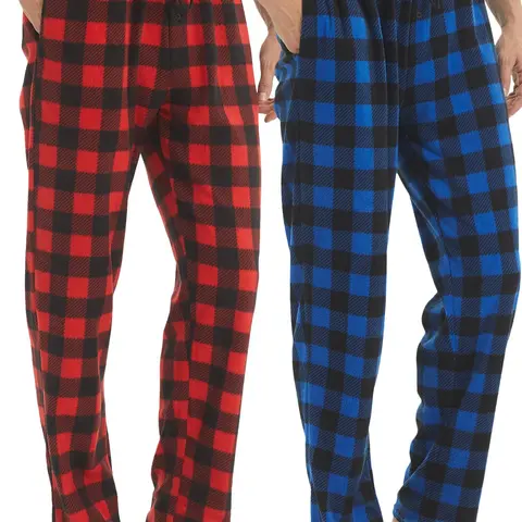 Men's Plaid Print Pocket Drawstring Waist Polar Fleece Lounge Pajama Pants Heavyweight Casual Thicker Thermal Sleep Pants, Men Loungewear Pajamas, Pajama Set
